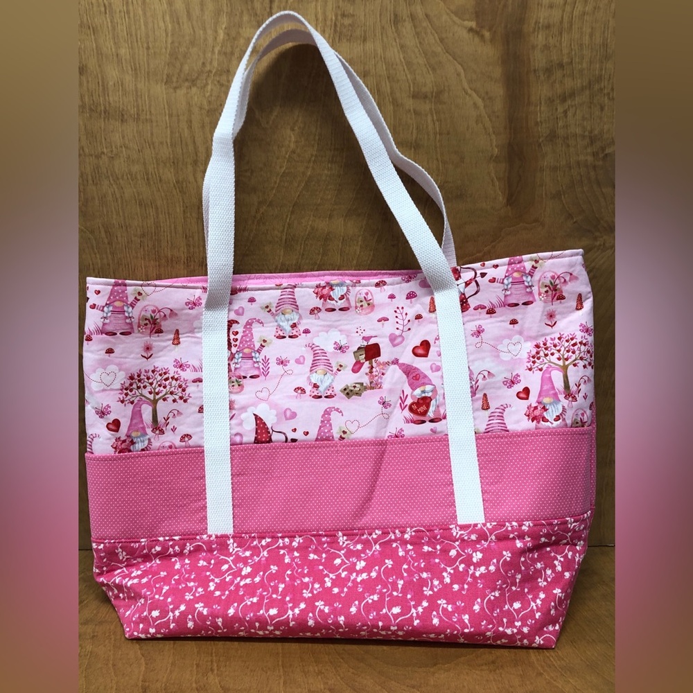 LG Pink Valentines Gnome Tote Bag Pockets Handmade Cotton Canvas Reusable Gift